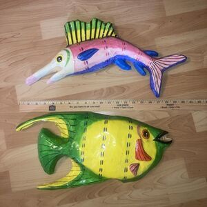 Large Pair Vtg Folk Art Paper Mache Fish Handmade Hand Painted  Hecho En Mexico
